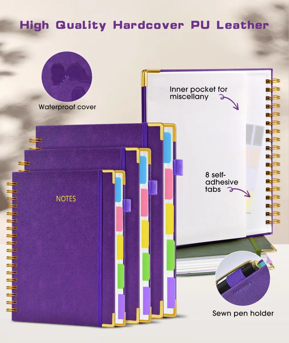 dilitego Hardcover Spiral Notebook 8.5"x11" College Ruled | 300 Pages Leather 5 Subject Notebook for Work School - view 2
