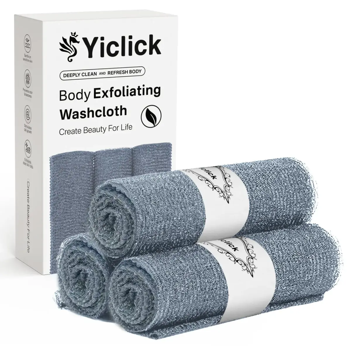 Yiclick Exfoliating Washcloth Towel 3-Pack, 85cm (34.5 inch) Long Back Scrubber | Replaces Loofah for Deep Cleansing - main product image