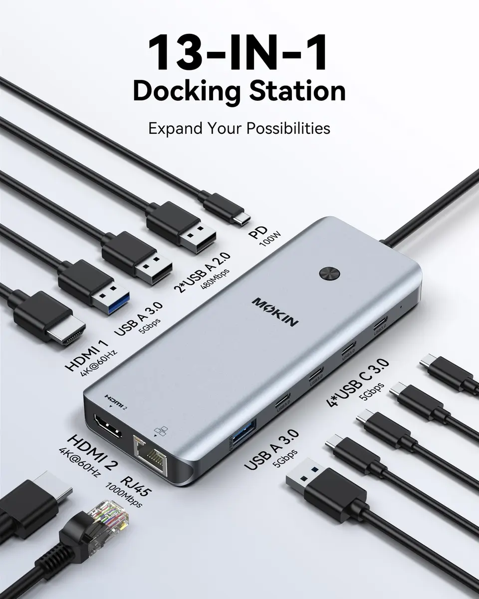 MOKiN USB C Docking Station Dual Monitor 2 HDMI | 13-in-1 Multiport Hub with 100W PD - view 2