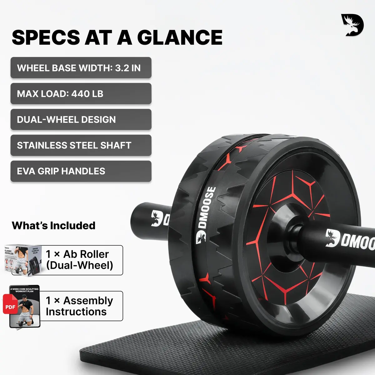 DMoose Fitness Ab Roller Wheel for Core Strength Training | 3.2 Inch Dual-Wheel, 440lb Steel Shaft, Non-Slip EVA Handles - view 8