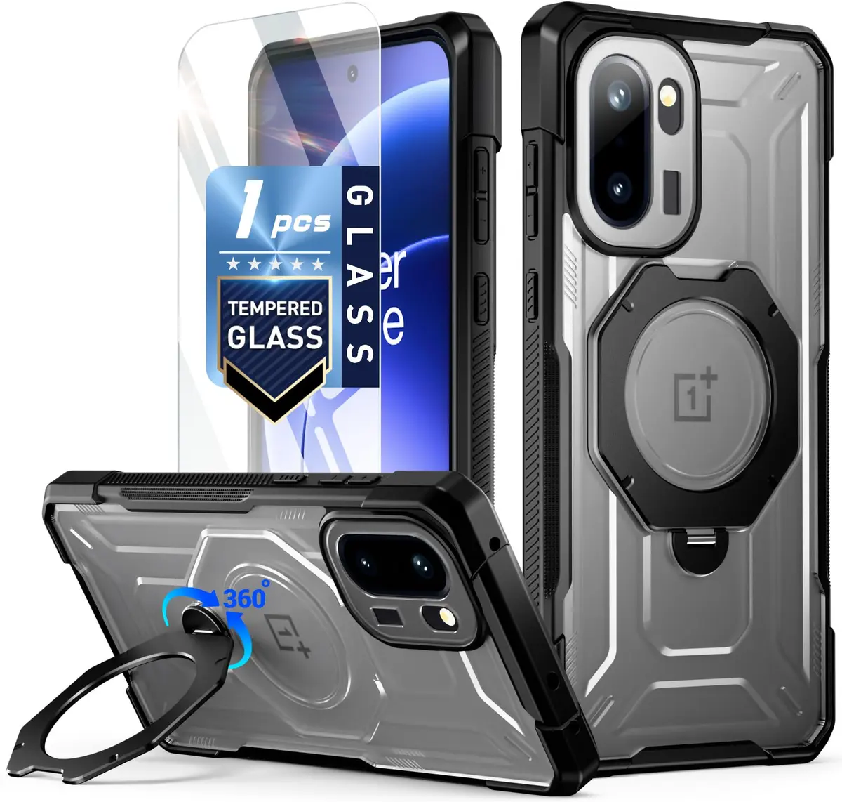 Poetic OnePlus 15R Case | 360° Magnetic Ring Kickstand | Drop Proof | Tempered Glass Screen Protector | Matte Translucent Cover | Black/Clear - main product image