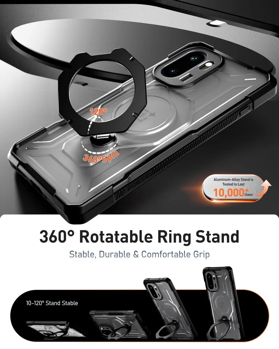 Poetic OnePlus 15R Case | 360° Magnetic Ring Kickstand | Drop Proof | Tempered Glass Screen Protector | Matte Translucent Cover | Black/Clear - view 3