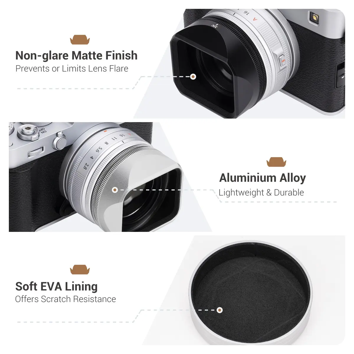 JJC Metal LH-XF27 Lens Hood Shade w Cap & Adapter Ring for Fujifilm XF 23mm F2.8 | Square Lens Protector with Aluminum Durability - view 2