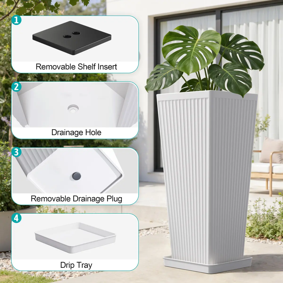 Diyfire Tall Planters 23.6 Inch Square | Modern Outdoor Garden Pots with Drainage Holes - view 3