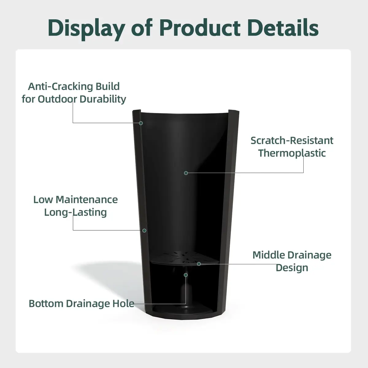 Diyfire Tall Planters for Outdoor Plants | Large 23.6 Inch Conical Flower Pots with Drainage Holes - view 3