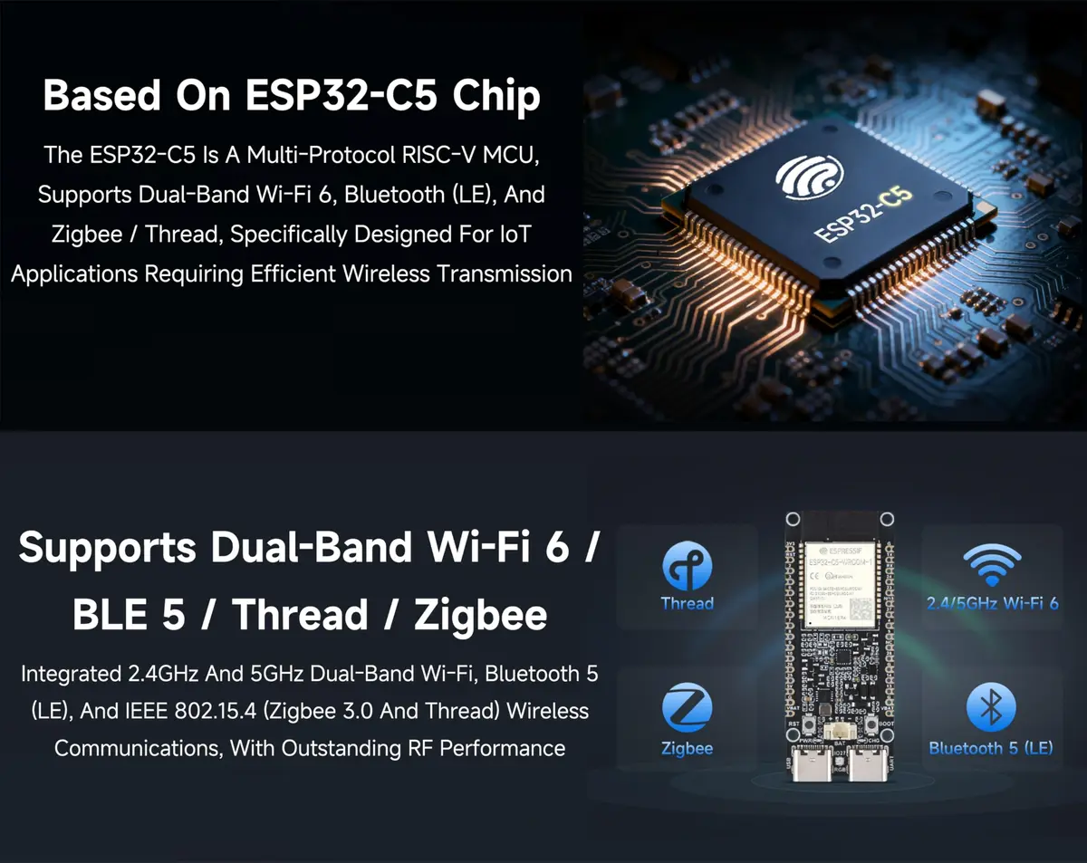 UeeKKoo ESP32-C5 Dev Board with Wi-Fi 6, BLE 5, Thread, Zigbee | 240MHz RISC-V, 16MB Flash + 8MB PSRAM, Dual USB-C - view 5