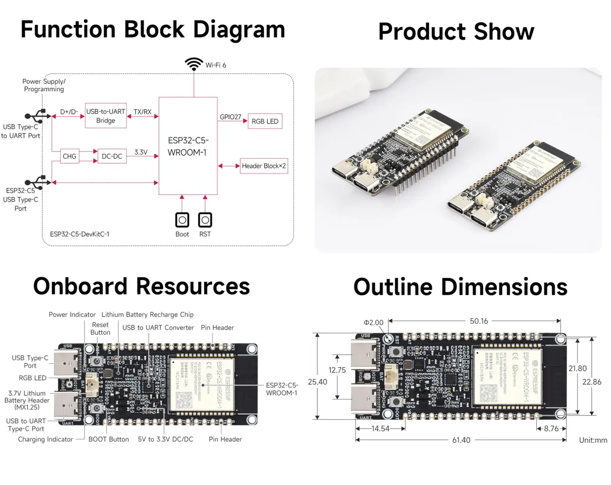 UeeKKoo ESP32-C5 Dev Board with Wi-Fi 6, BLE 5, Thread, Zigbee | 240MHz RISC-V, 16MB Flash + 8MB PSRAM, Dual USB-C - view 6