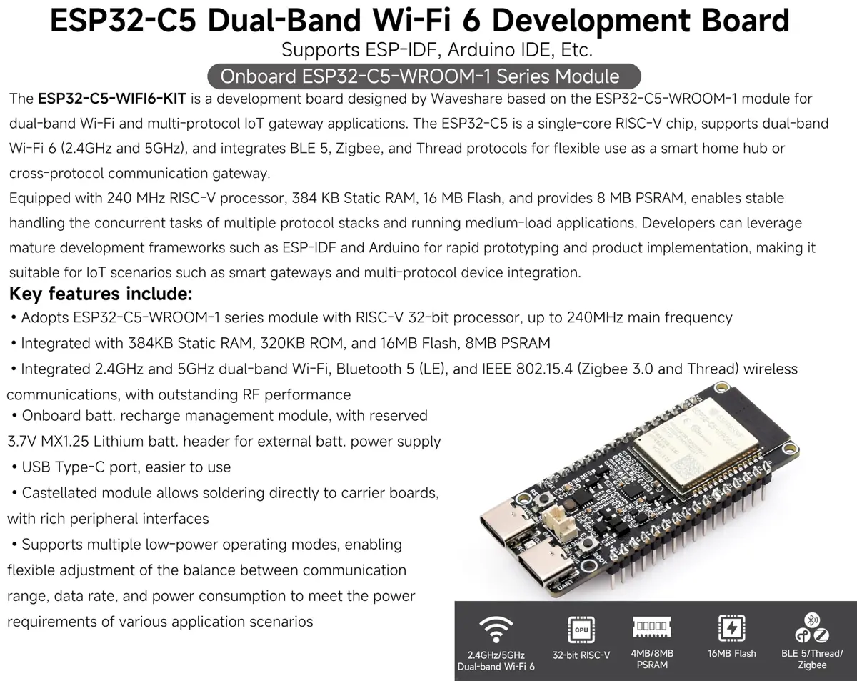 UeeKKoo ESP32-C5 Dev Board with Wi-Fi 6, BLE 5, Thread, Zigbee | 240MHz RISC-V, 16MB Flash + 8MB PSRAM, Dual USB-C - view 2