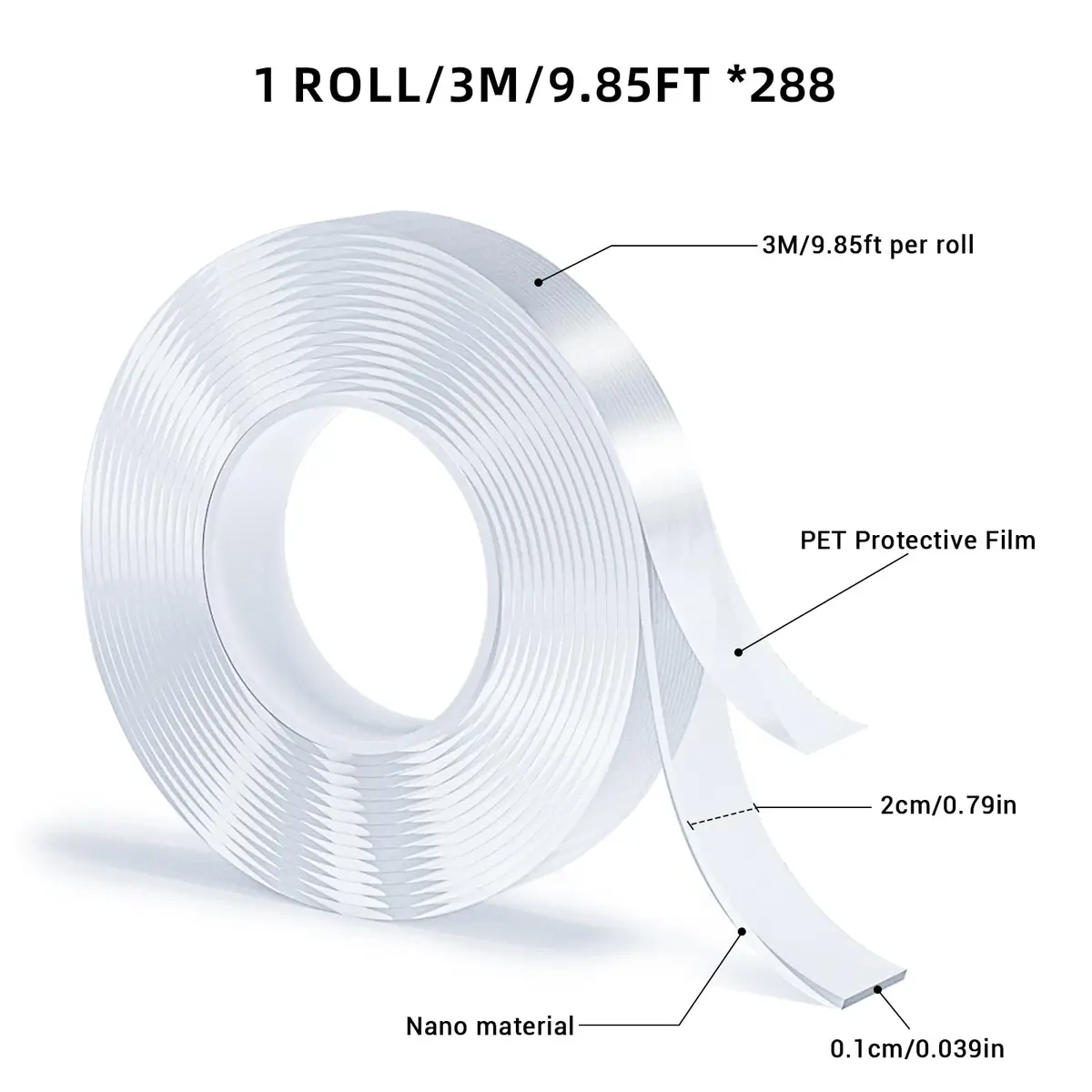 SUTOUG Double Sided Tape 288 Rolls | 3m (9.85 Ft) Per Roll, Transparent, Washable, Reusable, Heavy Duty Mounting Tape - view 2