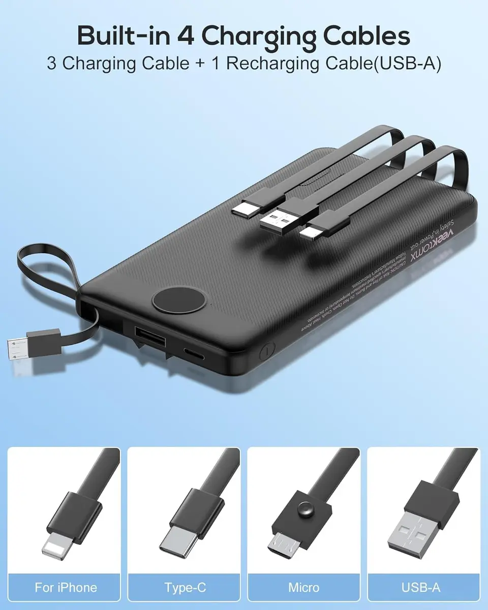 VEEKTOMX 10000mAh Power Bank with Built-in Cables | Slim Fast Charge USB C Battery Pack for iPhone & Android - view 4