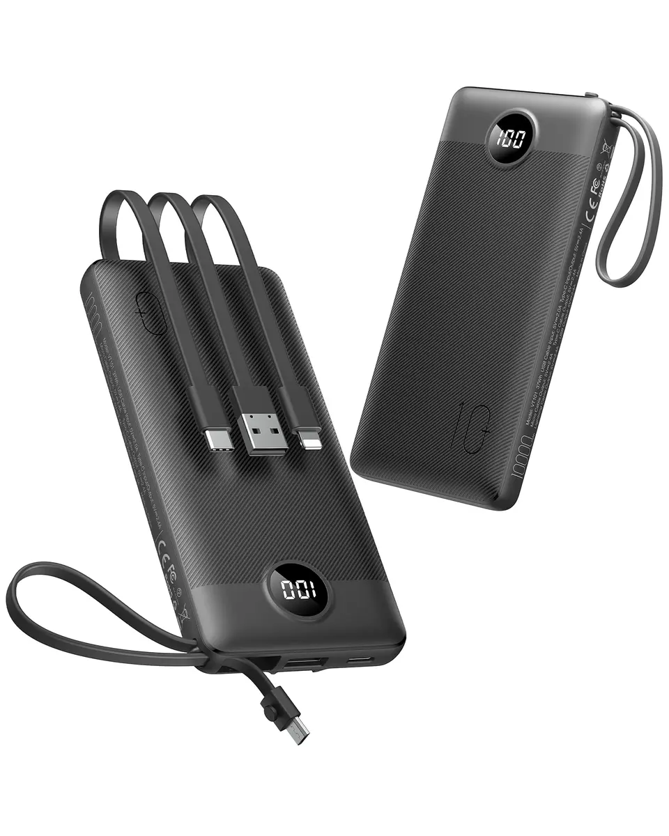 VEEKTOMX 10000mAh Power Bank with Built-in Cables | Slim Fast Charge USB C Battery Pack for iPhone & Android - main product image