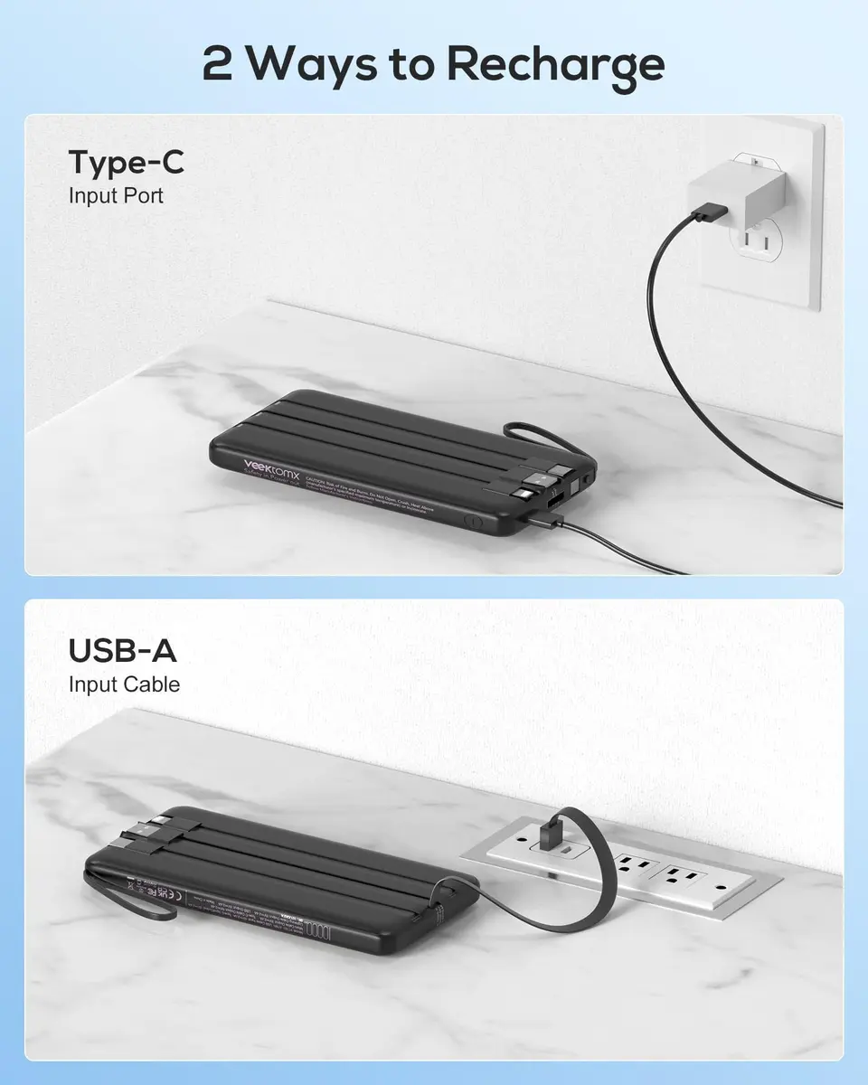 VEEKTOMX 10000mAh Power Bank with Built-in Cables | Slim Fast Charge USB C Battery Pack for iPhone & Android - view 9