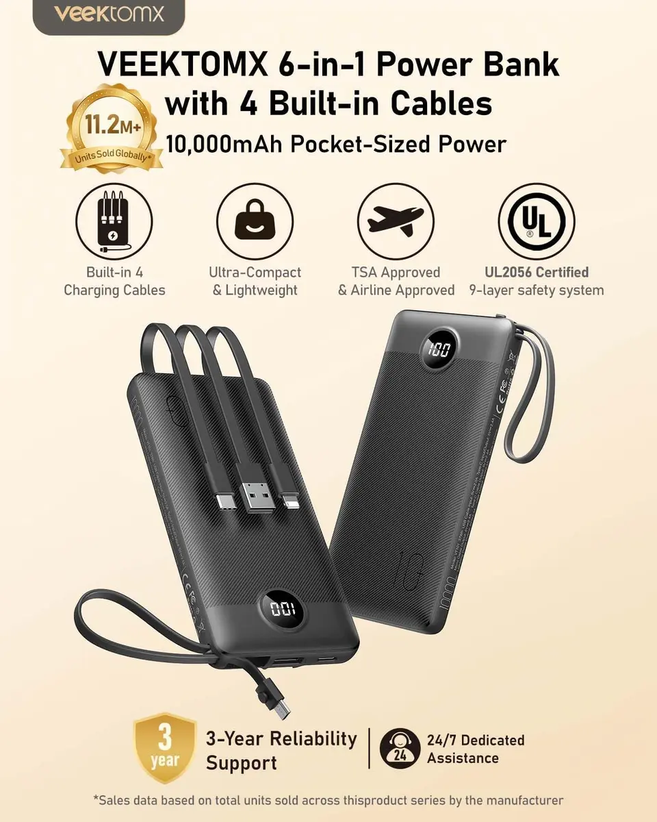 VEEKTOMX 10000mAh Power Bank with Built-in Cables | Slim Fast Charge USB C Battery Pack for iPhone & Android - view 2