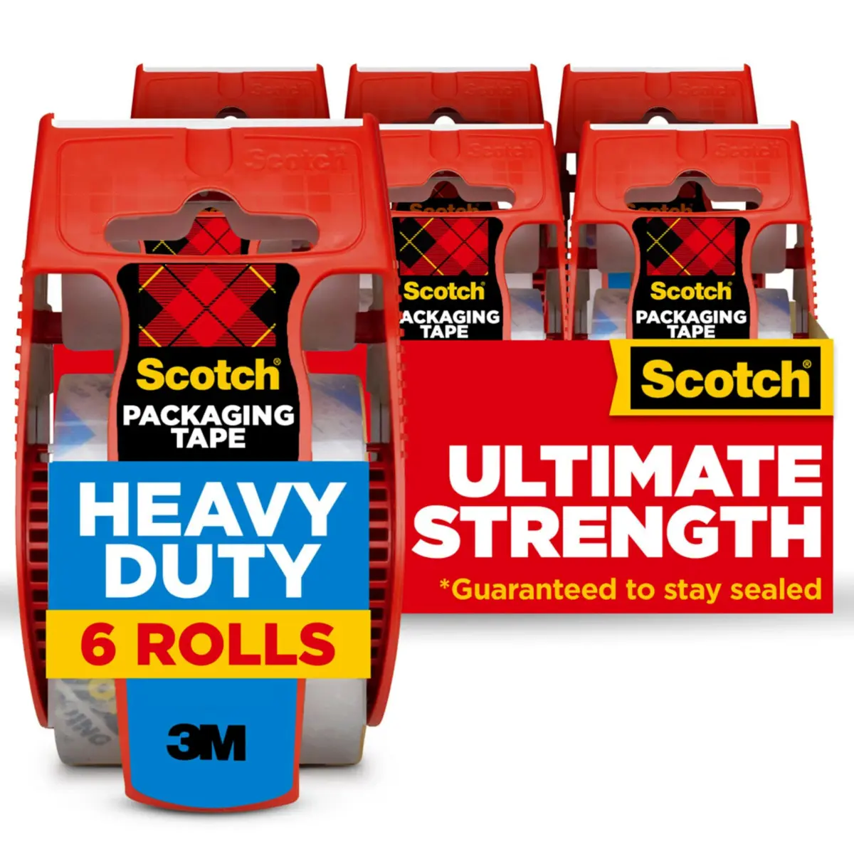 Scotch Heavy Duty Shipping Packaging Tape with Dispensers, Clear, 1.88 in x 27.7 yd per Roll (6 Rolls Total) | Industrial-Strength Adhesive - main product image