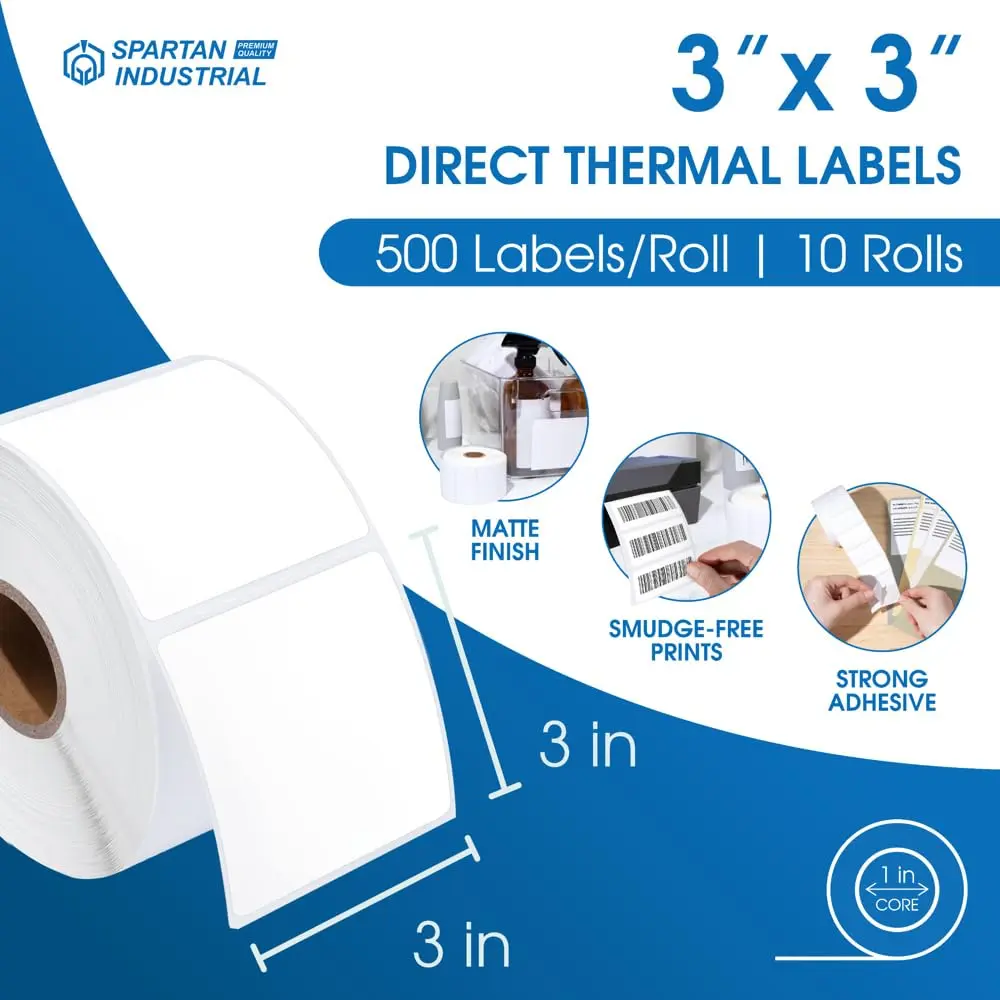 Spartan Industrial 3" x 3" Direct Thermal Labels 5000 Count (10 Rolls, 500 Labels/Roll) | Matte White, Permanent Adhesive, Perforated - view 2