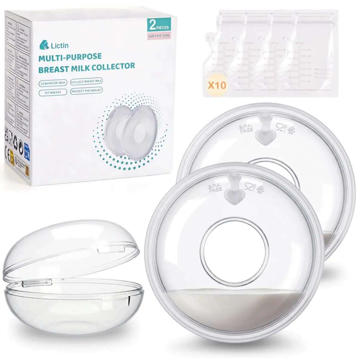 Lictin Breast Milk Collector Set with Storage Bags & Box - 60ml Cups | Protects Nipples & Collects Leaks - main product image