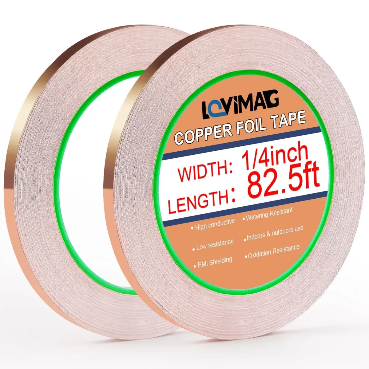 LOVIMAG Copper Foil Tape 2 Pack | 6.35mm x 25.15m (1/4" x 82.5ft) Conductive Adhesive for EMI Shielding & Crafts - main product image