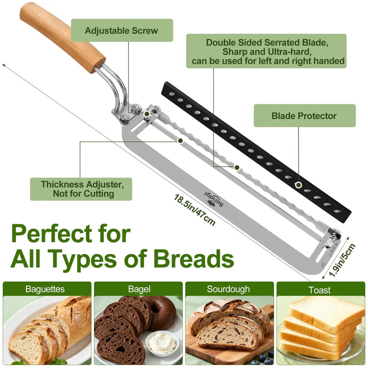 Solldgt Bread Slicer 9" Adjustable Stainless Steel | Perfect for Homemade Bread & Artisan Loaves - view 3