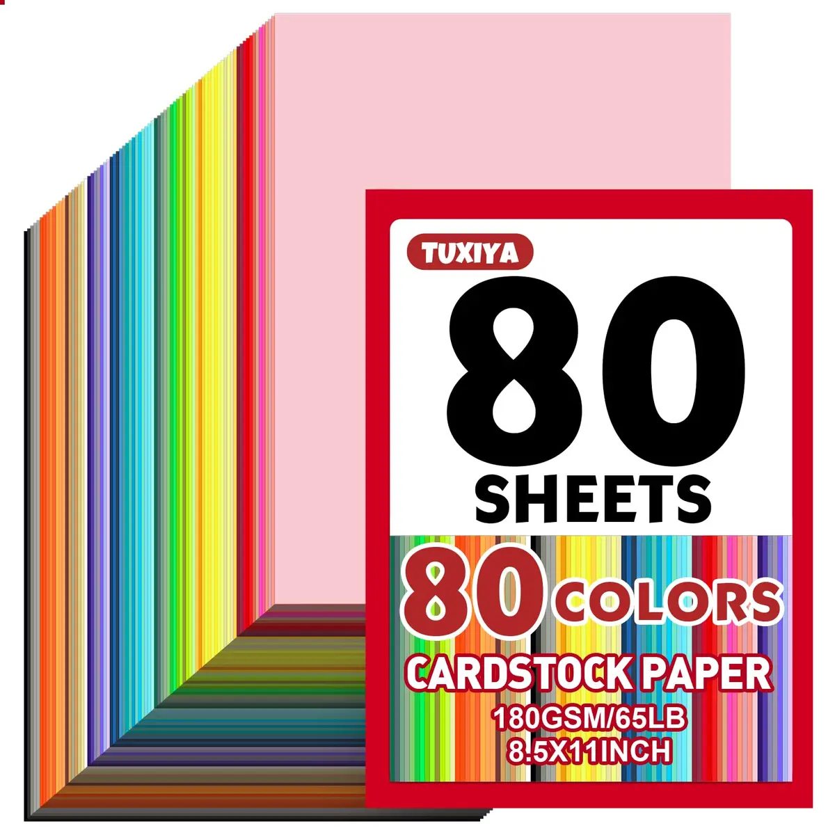 TUXIYA 80 Sheets 8.5" X 11" Colored Cardstock | Assorted Colors, 180 GSM, for Crafts & School Projects - main product image