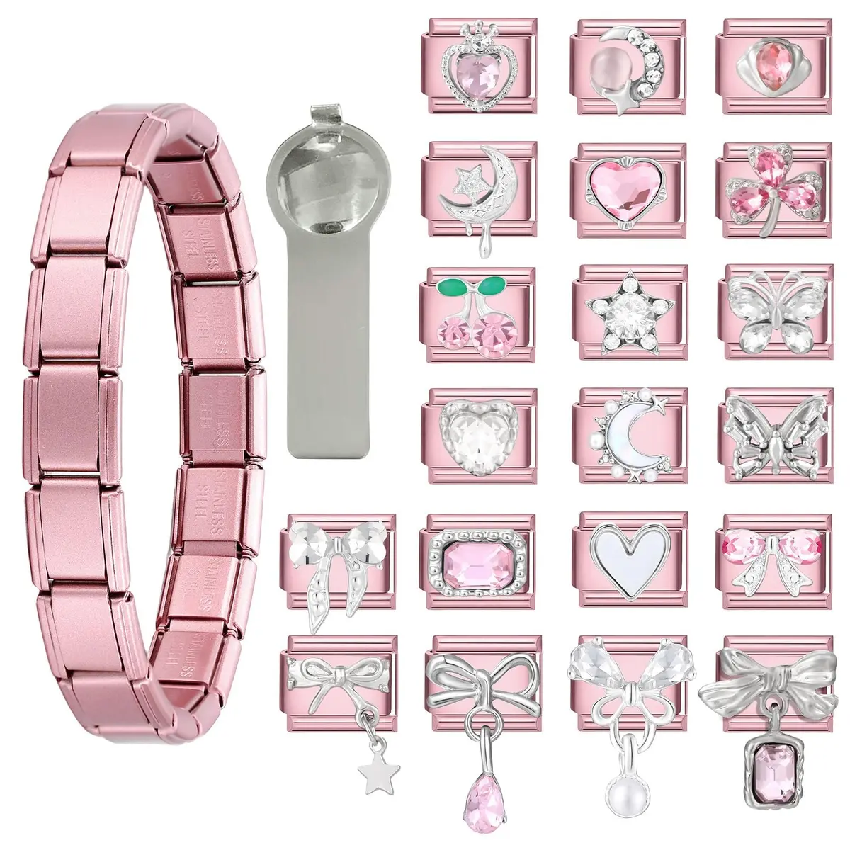 ITingstere Charm Bracelet Pink 22Pcs Glitter Set | Italian Style Jewelry for Women - main product image