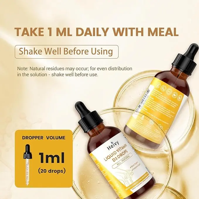 Heivy Liquid Vitamin D Drops 4000 IU | Vegan Pineapple Flavor for Bone & Immunity Support, Made in USA, 60 Servings (60ml) - view 9