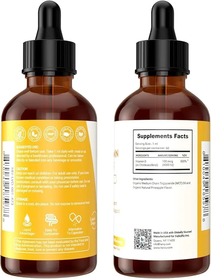 Heivy Liquid Vitamin D Drops 4000 IU | Vegan Pineapple Flavor for Bone & Immunity Support, Made in USA, 60 Servings (60ml) - view 3