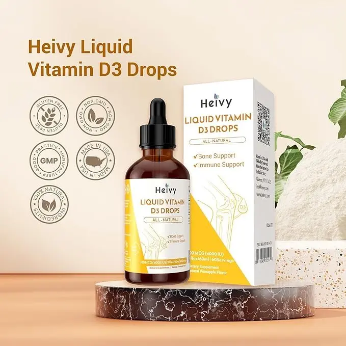Heivy Liquid Vitamin D Drops 4000 IU | Vegan Pineapple Flavor for Bone & Immunity Support, Made in USA, 60 Servings (60ml) - view 6