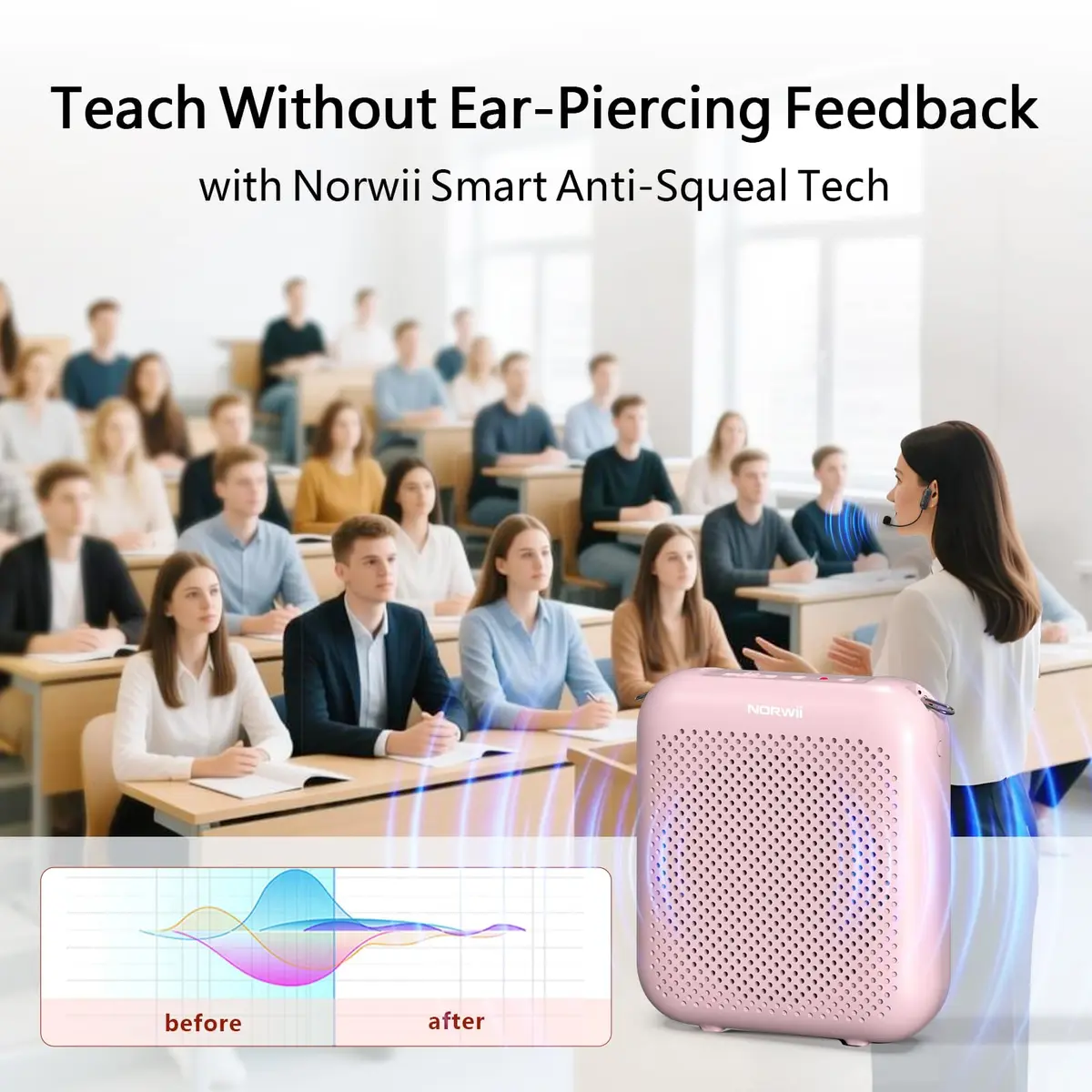 Norwii 15W Portable Voice Amplifier with Bluetooth Speaker & Dual Microphones (Pink) | Clear, Distortion-Free Sound for Teachers & Presenters - view 5