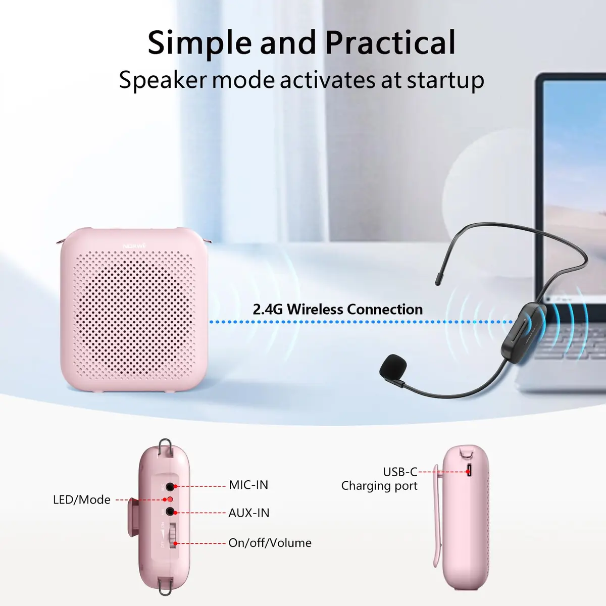 Norwii 15W Portable Voice Amplifier with Bluetooth Speaker & Dual Microphones (Pink) | Clear, Distortion-Free Sound for Teachers & Presenters - view 7