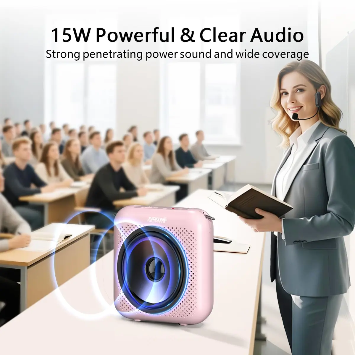 Norwii 15W Portable Voice Amplifier with Bluetooth Speaker & Dual Microphones (Pink) | Clear, Distortion-Free Sound for Teachers & Presenters - view 3
