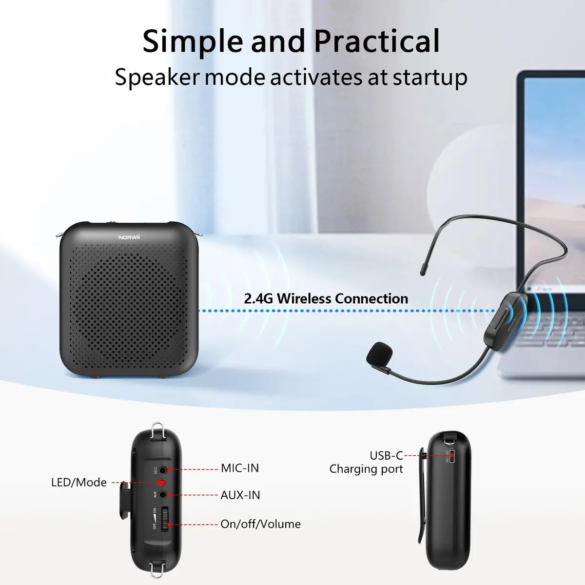 Norwii 15W Portable Voice Amplifier with Bluetooth Speaker & Dual Mics | 30m Wireless Range, 12-Hr Battery - view 7