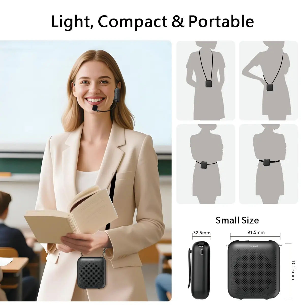 Norwii 15W Portable Voice Amplifier with Bluetooth Speaker & Dual Mics | 30m Wireless Range, 12-Hr Battery - view 8