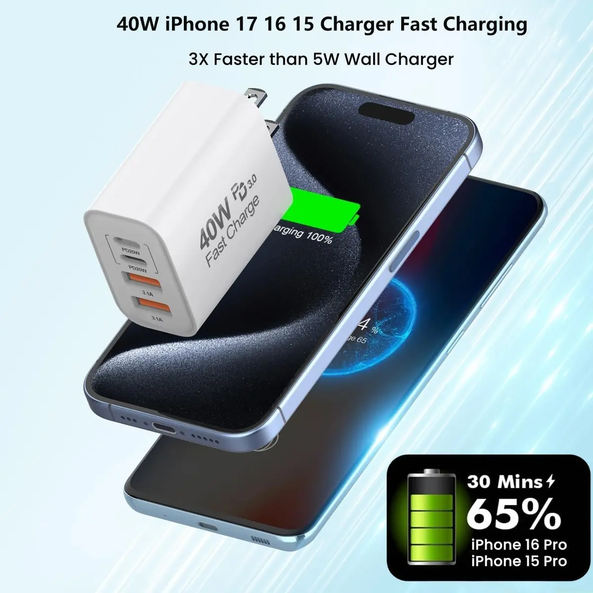 Dazana 10FT iPhone 17 16 15 Pro Charger | 2-Pack 40W USB C to C Woven Cable & Multiport Fast Charger - view 2