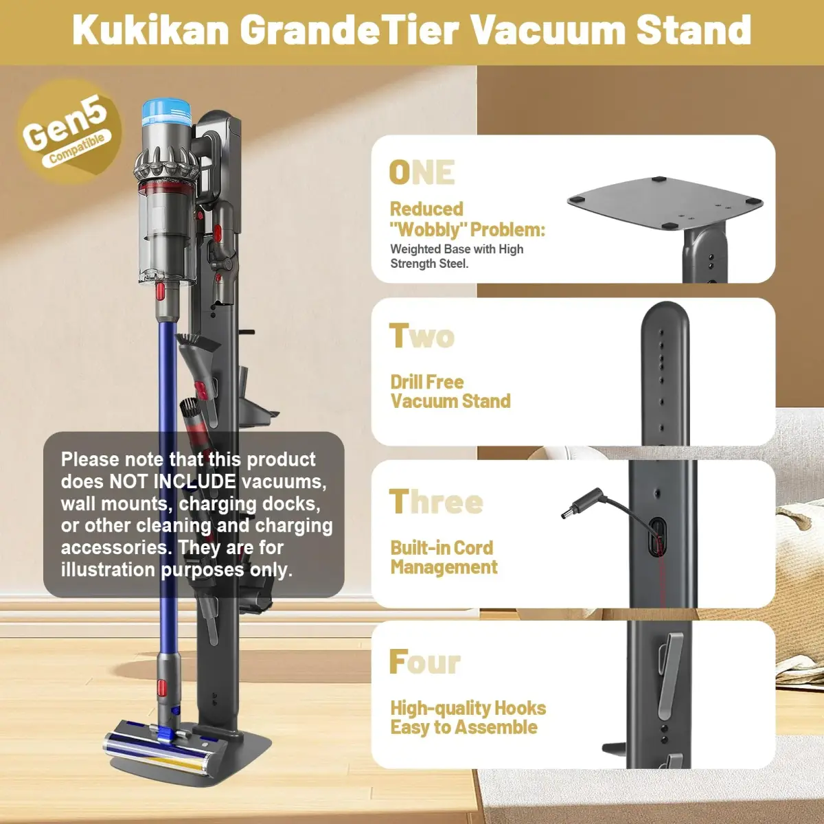 Kukikan GrandeTier Vacuum Stand Holder with 8 Hooks & Shelves | Freestanding Metal Dock for Cordless Vacuums - view 5