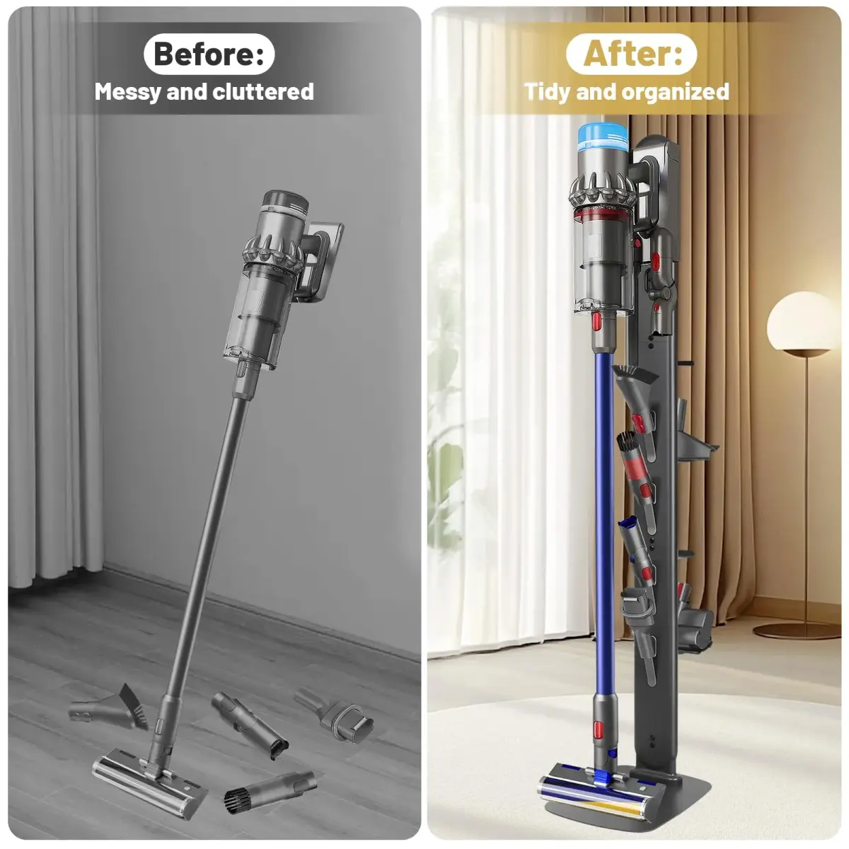 Kukikan GrandeTier Vacuum Stand Holder with 8 Hooks & Shelves | Freestanding Metal Dock for Cordless Vacuums - view 7