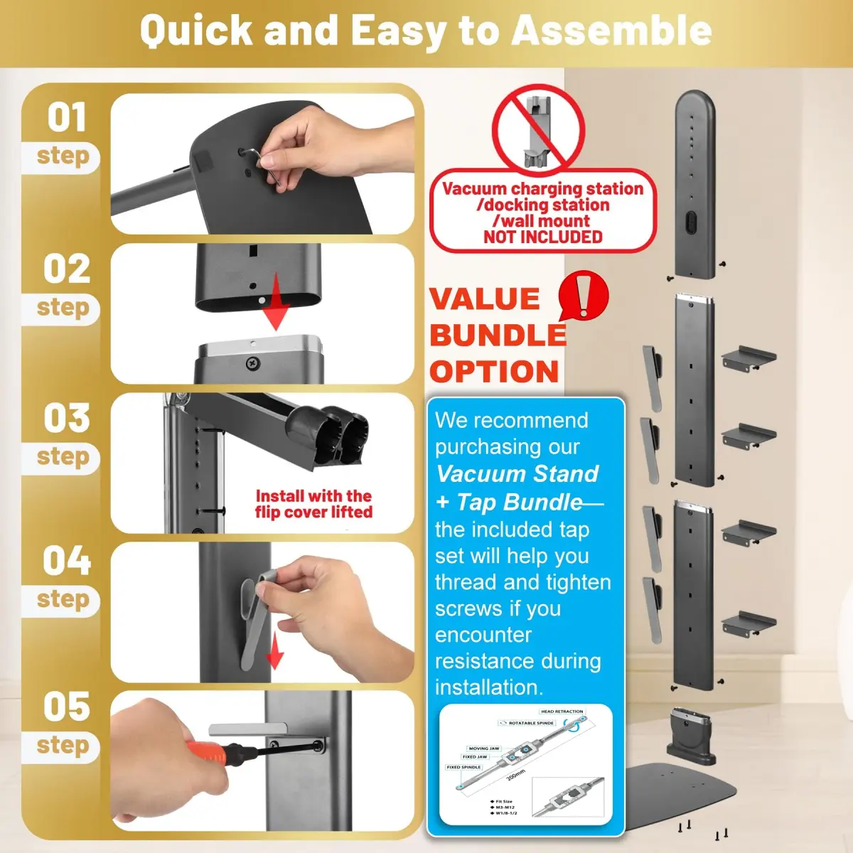 Kukikan GrandeTier Vacuum Stand Holder with 8 Hooks & Shelves | Freestanding Metal Dock for Cordless Vacuums - view 3