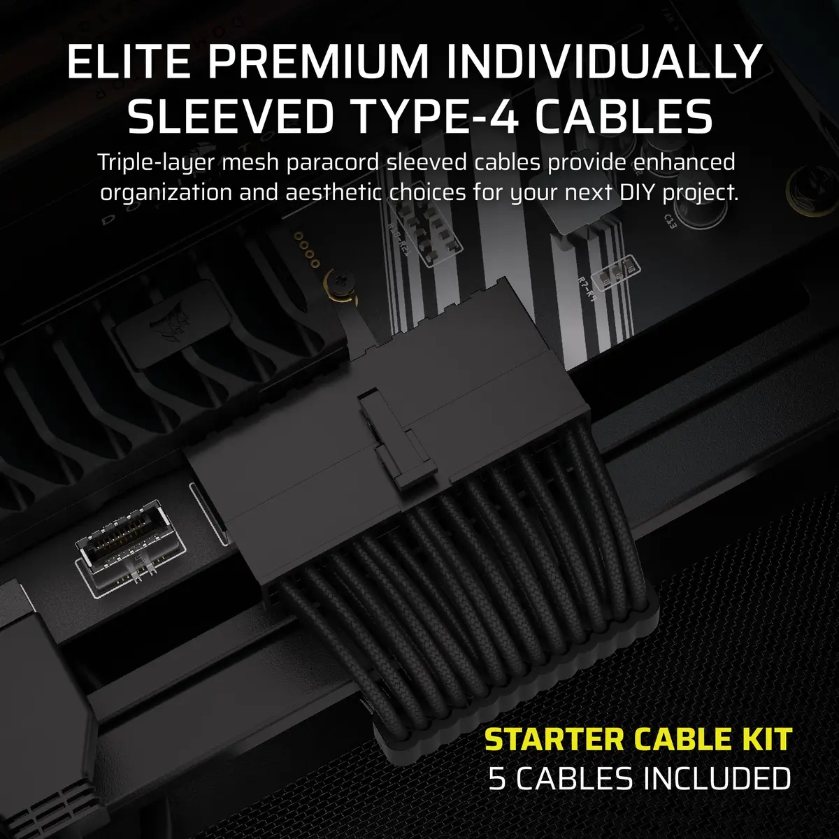 Corsair Elite Premium Type 4 Individual Sleeved PSU Cable Kit – Low-Profile Paracord, Black, 61cm | Compatible with Type 4 PSUs - view 2