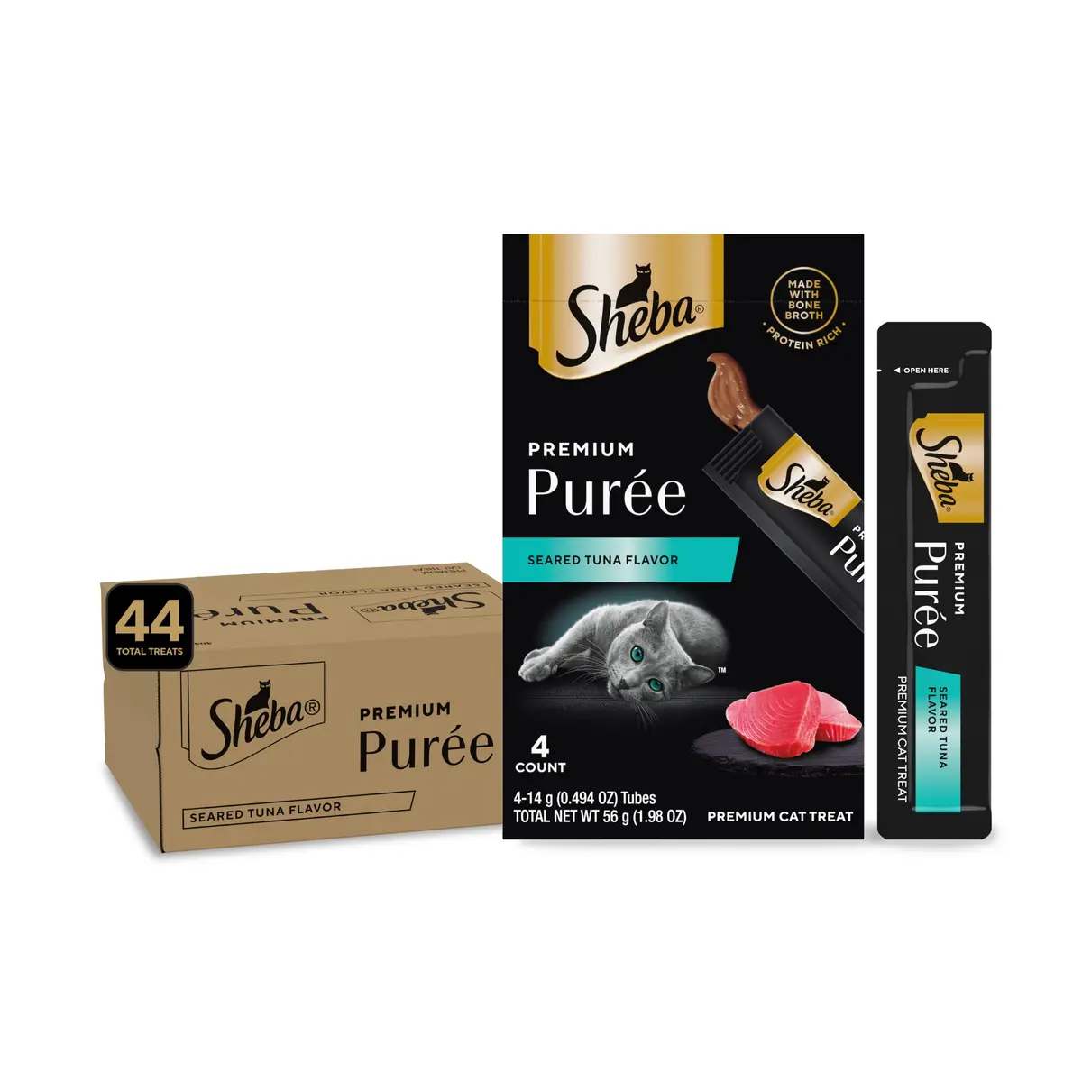 Sheba Premium Puree Lickable Cat Treats, Seared Tuna, 4 Count, 11 Pack | Grain-Free, Real Tuna, Squeezable Tube - main product image