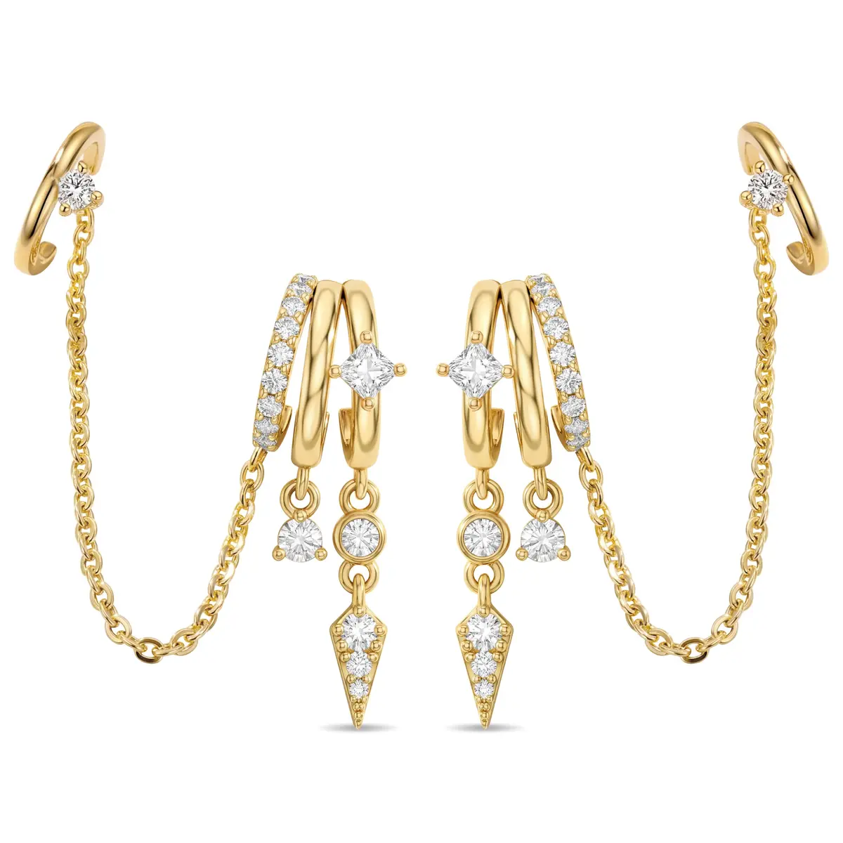 Hefanny Triple Huggie Stacked Earrings for Women Gold Chain Drop Dangle Earrings Cute Statement CZ Earrings Trendy Dainty Jewelry Gift (Spike Chain Cuff/Gold, 1 Pair) - main product image