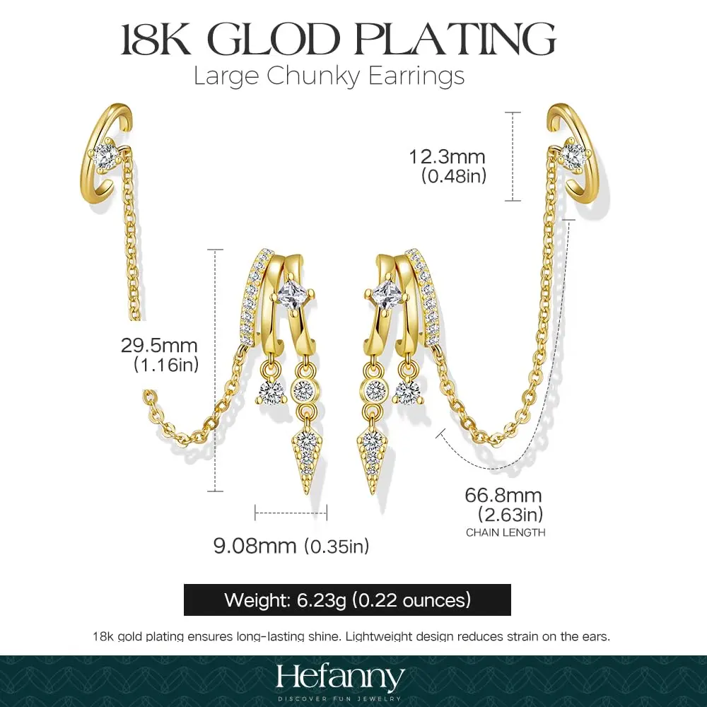 Hefanny Triple Huggie Stacked Earrings for Women Gold Chain Drop Dangle Earrings Cute Statement CZ Earrings Trendy Dainty Jewelry Gift (Spike Chain Cuff/Gold, 1 Pair) - view 2