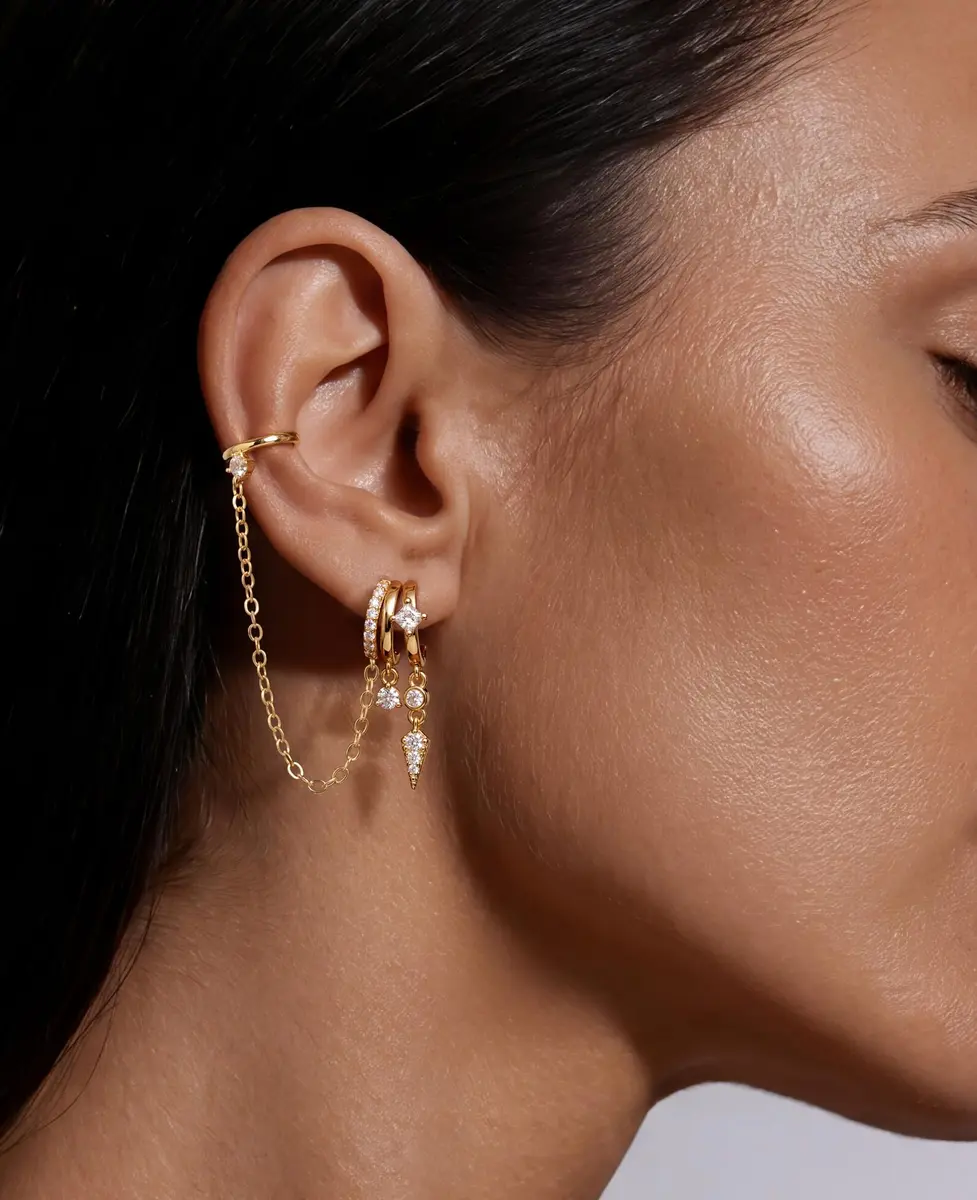 Hefanny Triple Huggie Stacked Earrings for Women Gold Chain Drop Dangle Earrings Cute Statement CZ Earrings Trendy Dainty Jewelry Gift (Spike Chain Cuff/Gold, 1 Pair) - view 3