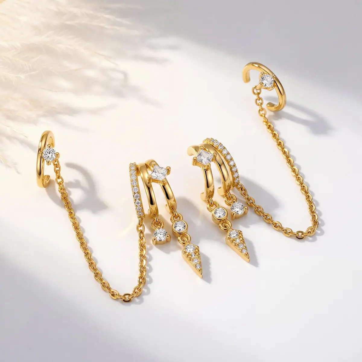 Hefanny Triple Huggie Stacked Earrings for Women Gold Chain Drop Dangle Earrings Cute Statement CZ Earrings Trendy Dainty Jewelry Gift (Spike Chain Cuff/Gold, 1 Pair) - view 4