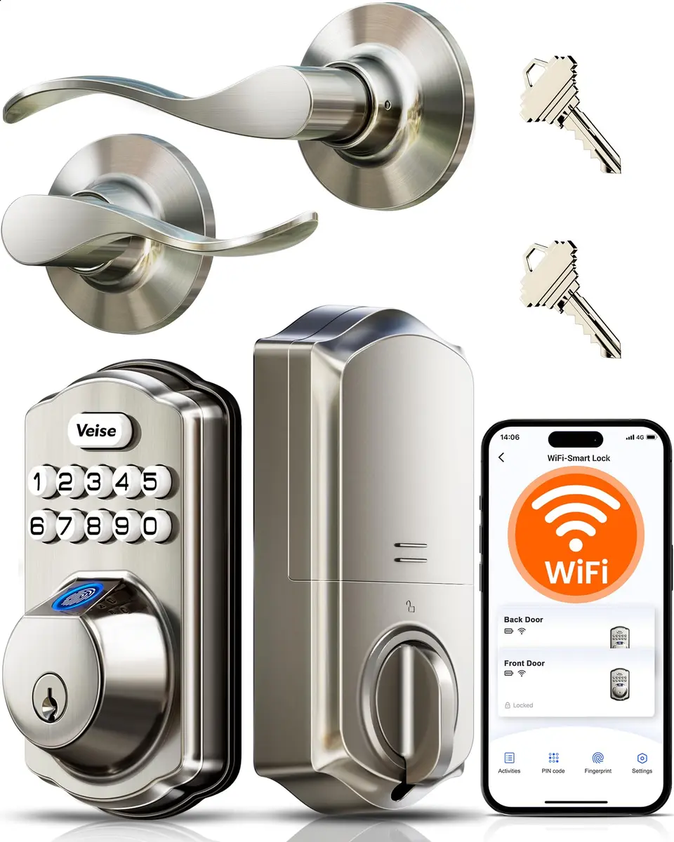 Veise VE012W-B Smart Wi-Fi Deadbolt Lock with Handle Set, Satin Nickel | App & Voice Control - main product image