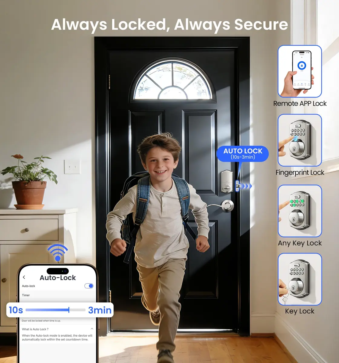 Veise VE012W-B Smart Wi-Fi Deadbolt Lock with Handle Set, Satin Nickel | App & Voice Control - view 7