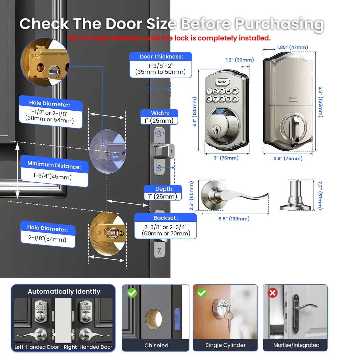 Veise VE012W-B Smart Wi-Fi Deadbolt Lock with Handle Set, Satin Nickel | App & Voice Control - view 9