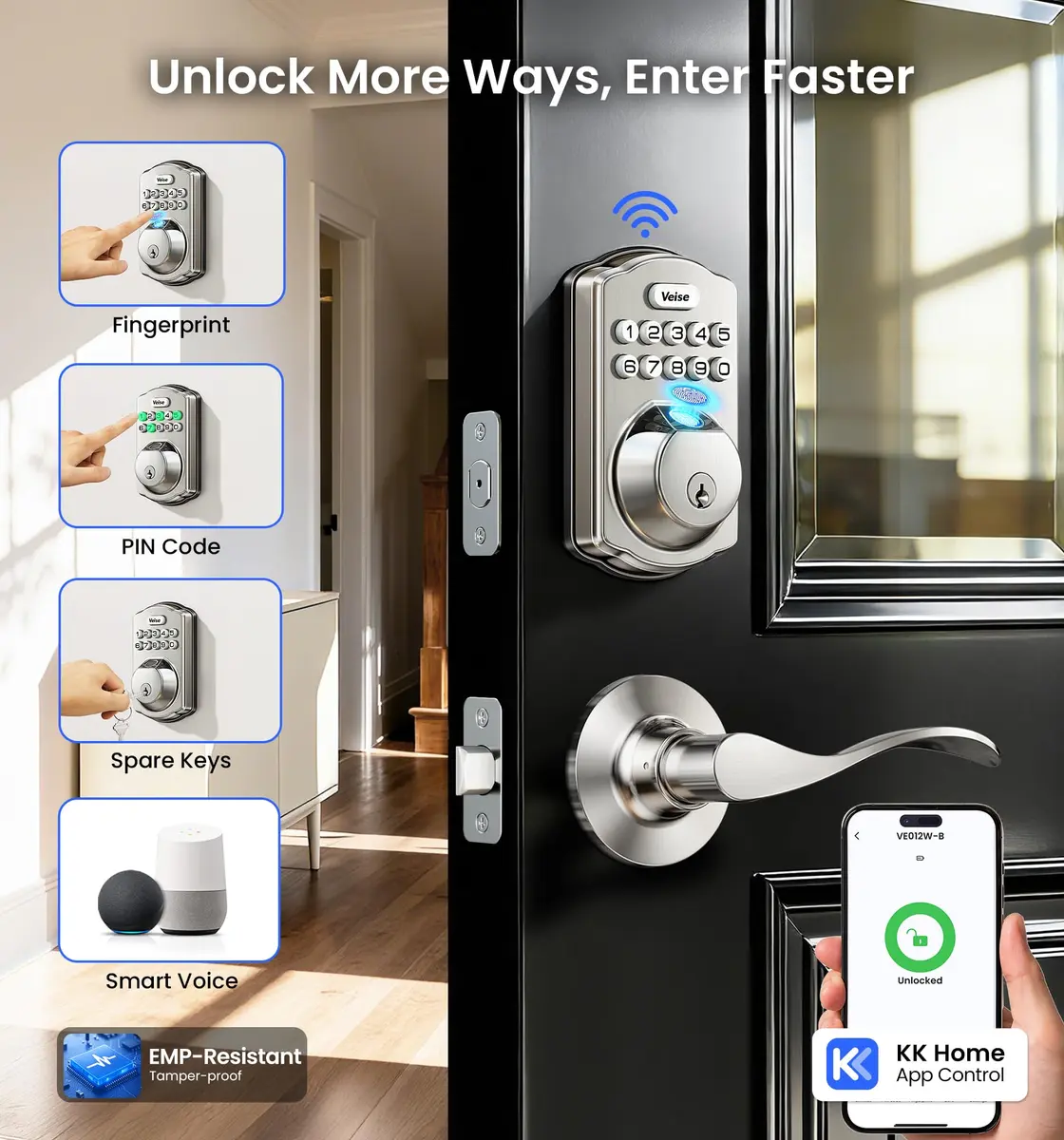 Veise VE012W-B Smart Wi-Fi Deadbolt Lock with Handle Set, Satin Nickel | App & Voice Control - view 3