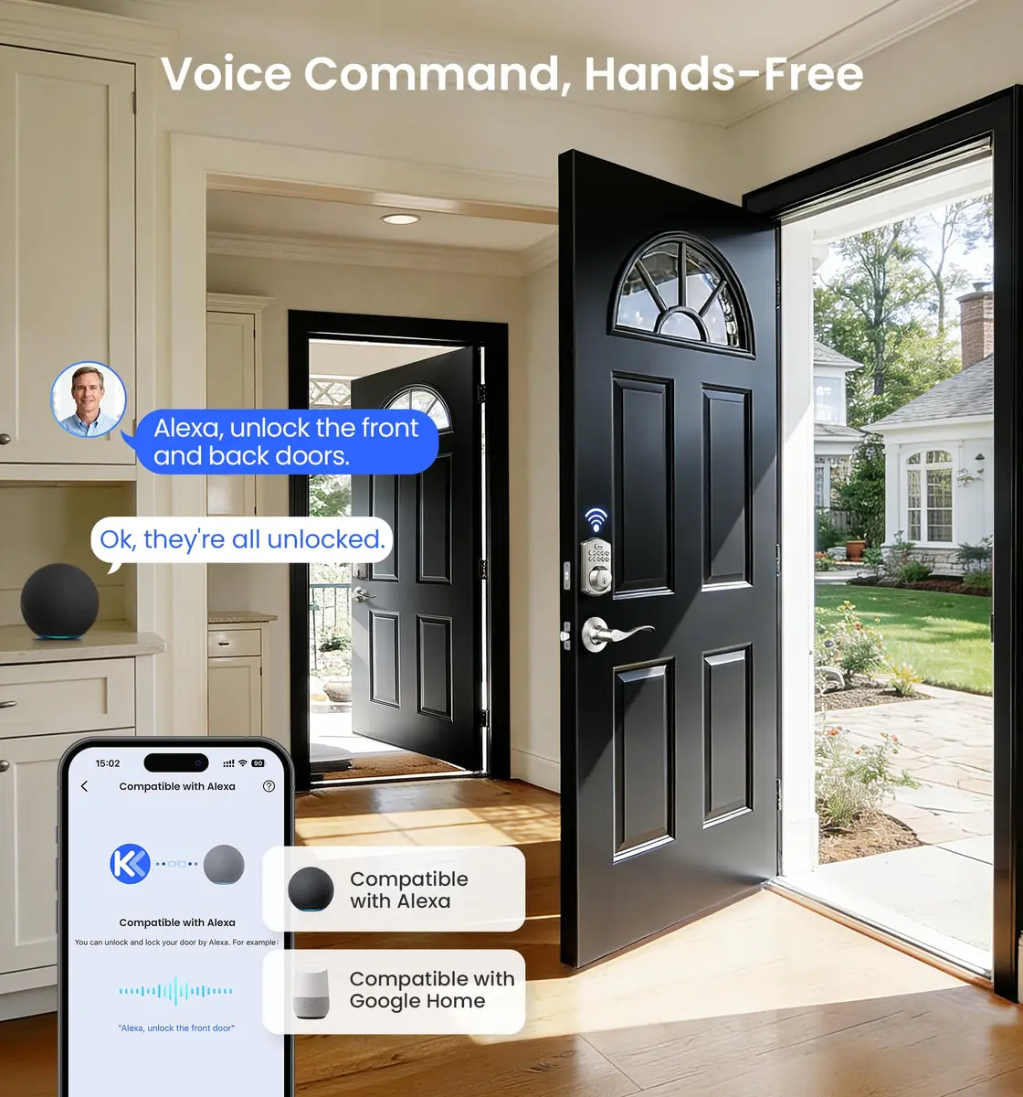 Veise VE012W-B Smart Wi-Fi Deadbolt Lock with Handle Set, Satin Nickel | App & Voice Control - view 4