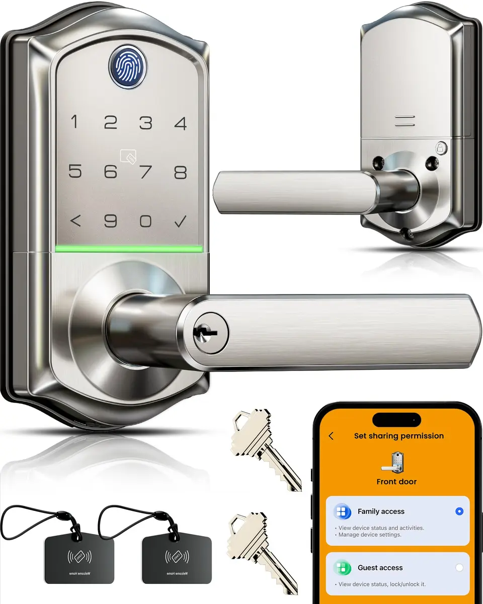 Veise VE019 Smart Lever Lock with Handle, Fingerprint Keyless Entry Door Lock, Satin Nickel | ANSI Grade 3 & BHMA Tested - main product image