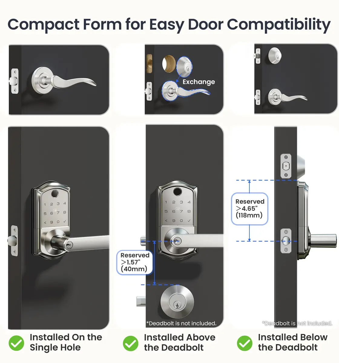 Veise VE019 Smart Lever Lock with Handle, Fingerprint Keyless Entry Door Lock, Satin Nickel | ANSI Grade 3 & BHMA Tested - view 8