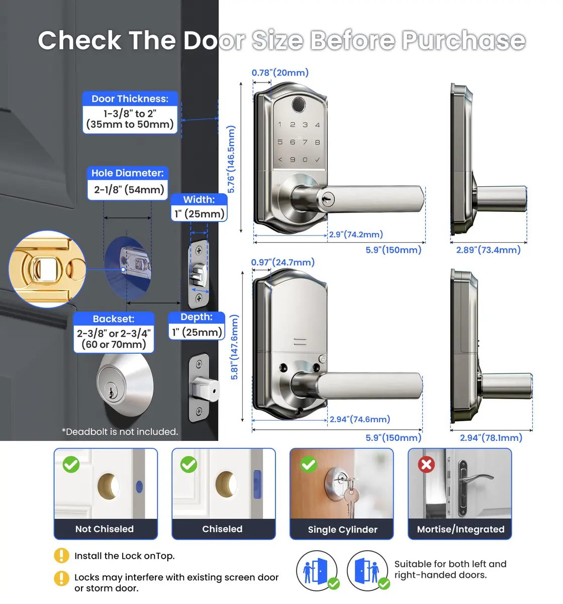 Veise VE019 Smart Lever Lock with Handle, Fingerprint Keyless Entry Door Lock, Satin Nickel | ANSI Grade 3 & BHMA Tested - view 9